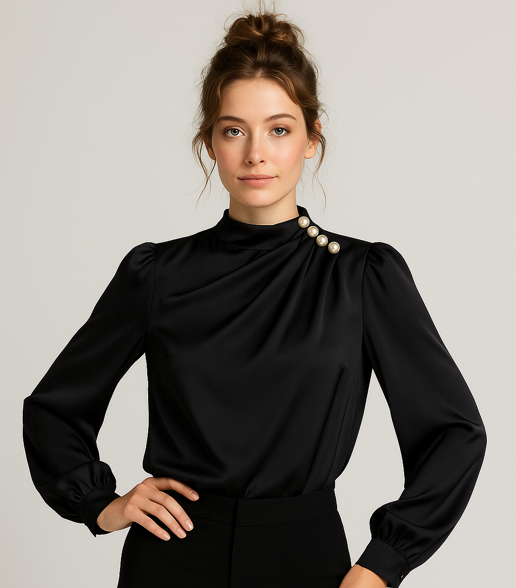 Woman wearing a black blouse with pearl details on a light gray background