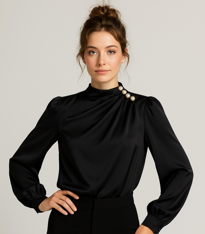 Woman wearing a black blouse with pearl details on a light gray background