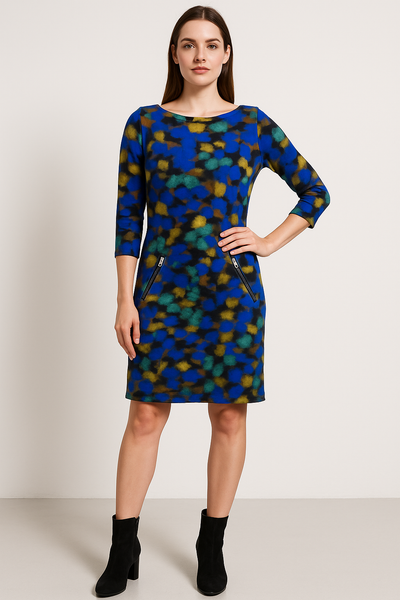 Woman wearing a patterned dress with a plain background