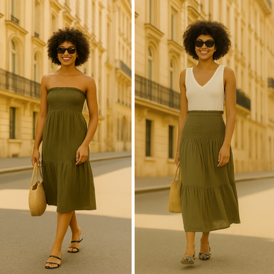 Woman in a green dress standing on a street with classical architecture.