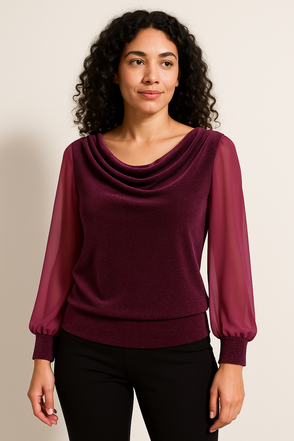 sparkling chifon sleeve top women burgundy 