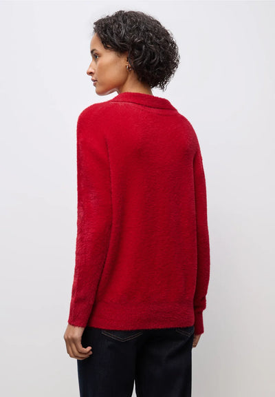 Person wearing a red sweater against a white background