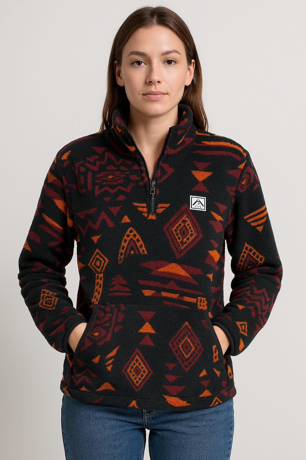 Woman wearing a black fleece pullover with red and orange geometric pattern on a plain background