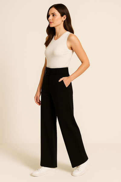 Woman wearing a white sleeveless top and black wide-leg pants on a beige background