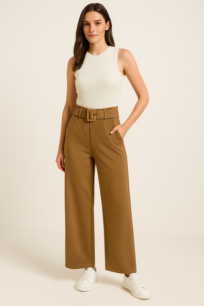Woman wearing a white sleeveless top and brown wide-leg pants on a beige background