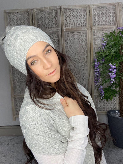 Silver knit beanie and scarf set