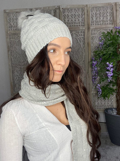 Silver knit beanie and scarf set