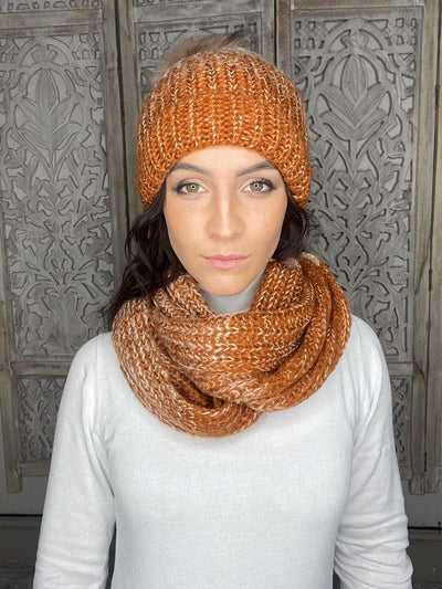gold and brown scarf and hat set