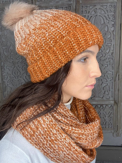 gold and brown scarf and hat set